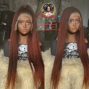 May include: Two brown braided wigs with a lace front are displayed on mannequin heads. The wigs have long, straight hair with a reddish-brown ombre effect. The text "Go Wear NWIGS" is visible on the front of the mannequin's shirt.