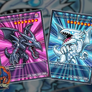 Red-Eyes Black Dragon & Blue-Eyes White Dragon Custom Yugioh Card Set x2 Cards Holographic