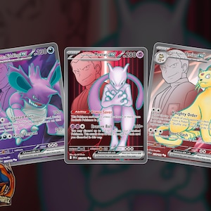 Team Rocket's Nidoking Persian & Mewtwo Full Art Proxy Pokemon Card Set x3 Cards Holographic