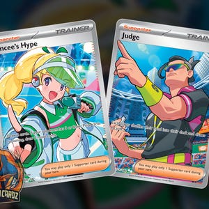 Emcee's Hype & Judge Trainer Full Art Proxy Pokemon Card Set x2 Cards Holographic