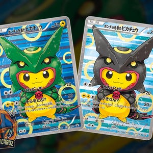 Pikachu Cosplay Poncho Rayquaza Full Art Proxy Pokemon Card Set x2 Cards Holographic