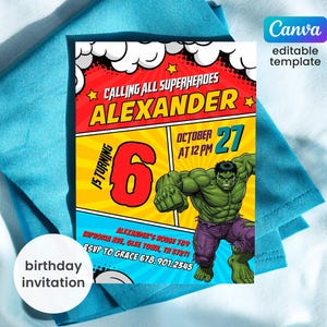 Printable Boy Birthday Invitation, superhero birthday invite, incredible hulk editable invitation, avengers birthday party