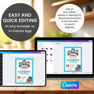 May include: A laptop and tablet display a birthday invitation template featuring Thomas the Tank Engine. The invitation reads "Calling All Friends" and "Alexander's 3rd birthday!" The image also includes the Canva logo and text about easy editing.