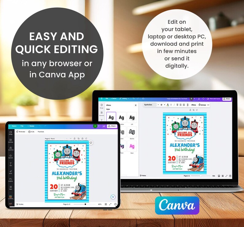May include: A laptop and tablet display a birthday invitation template featuring Thomas the Tank Engine. The invitation reads "Calling All Friends" and "Alexander's 3rd birthday!" The image also includes the Canva logo and text about easy editing.