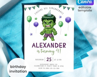 Printable Boy Birthday Invitation, superhero birthday invite, incredible hulk editable invitation, avengers birthday party