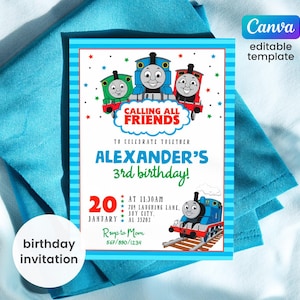 May include: A birthday invitation featuring three cartoon trains with the text "CALLING ALL FRIENDS." The invitation is for Alexander's 3rd birthday, with the date, time, and location details. The design includes a blue border and star accents.
