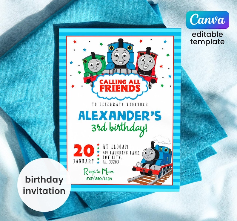 May include: A birthday invitation featuring three cartoon trains with the text "CALLING ALL FRIENDS." The invitation is for Alexander's 3rd birthday, with the date, time, and location details. The design includes a blue border and star accents.