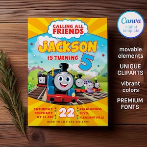 May include: A colorful birthday party invitation featuring a cartoon train with the text "Calling All Friends" and "Jackson is Turning 5". The invitation includes the date, time, and location, with a Canva digital template.