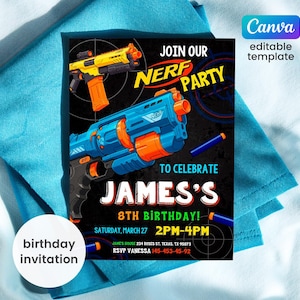 May include: A birthday invitation with a Nerf party theme. The invitation features two toy guns in yellow and blue, with the text "JOIN OUR NERF PARTY" and "JAMES'S 8TH BIRTHDAY!" on a black background.
