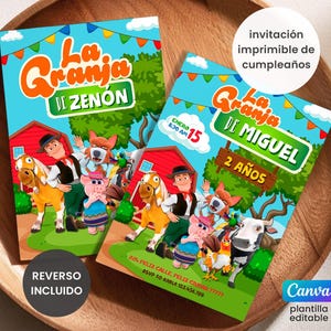 Puede incluir: Dos invitaciones coloridas con animales de granja de dibujos animados y el texto "La Granja de Zenón" y "La Granja de Miguel". Una invitación dice "2 Años" y "Enero 15". Las invitaciones están sobre una superficie de madera.