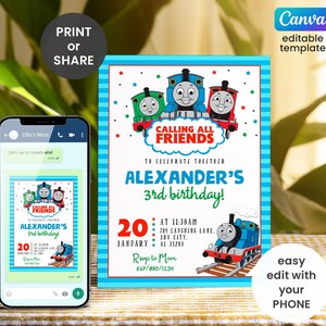 May include: A birthday party invitation featuring Thomas the Tank Engine and friends. The invitation has a blue border and includes the text "Calling All Friends" and "Alexander's 3rd birthday!" The invitation is easy to edit with a phone.