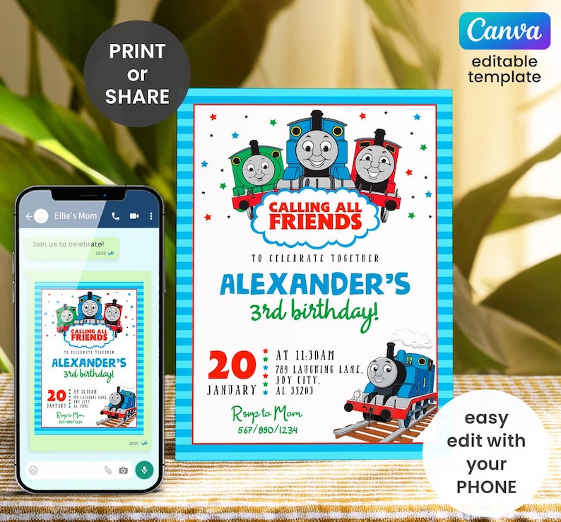 May include: A birthday party invitation featuring Thomas the Tank Engine and friends. The invitation has a blue border and includes the text "Calling All Friends" and "Alexander's 3rd birthday!" The invitation is easy to edit with a phone.