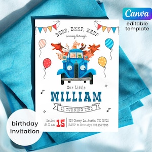 Puede incluir: Una invitación de cumpleaños con un camión azul lleno de animales de granja. El texto dice "BEEP, BEEP, BEEP coming through" y "Our Little WILLIAM is turning two." Incluye globos, notas musicales y "birthday invitation."