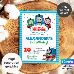 May include: A colorful birthday invitation featuring cartoon trains. The invitation reads "CALLING ALL FRIENDS" and announces "ALEXANDER'S 3rd birthday!" with the date and time. The design includes the text "high resolution graphics" and "rich vibrant colors".