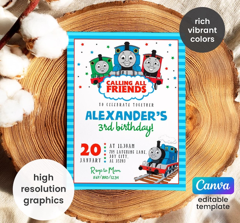 May include: A colorful birthday invitation featuring cartoon trains. The invitation reads "CALLING ALL FRIENDS" and announces "ALEXANDER'S 3rd birthday!" with the date and time. The design includes the text "high resolution graphics" and "rich vibrant colors".