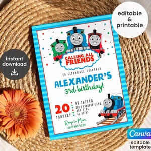 May include: A blue and white birthday invitation featuring cartoon train characters. The invitation reads "Calling All Friends" and "Alexander's 3rd birthday!" with event details. Includes a flower and the words "instant download".