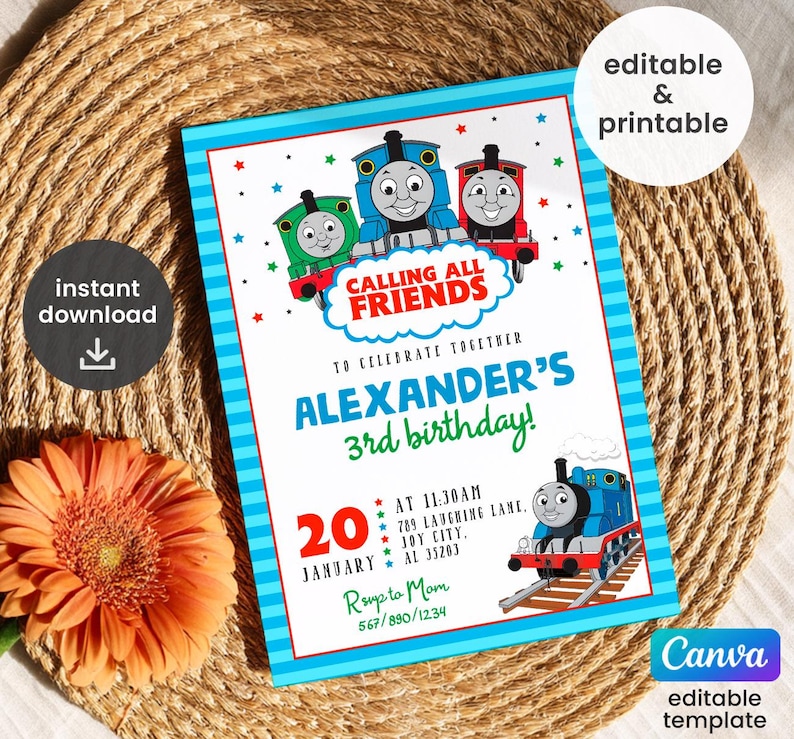 May include: A blue and white birthday invitation featuring cartoon train characters. The invitation reads "Calling All Friends" and "Alexander's 3rd birthday!" with event details. Includes a flower and the words "instant download".