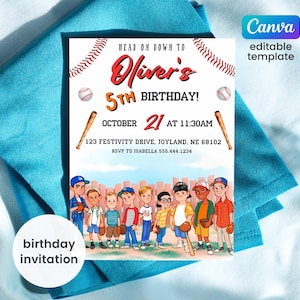 May include: Baseball-themed birthday invitation with a cartoon illustration of a group of boys in baseball uniforms. The invitation says "Head on down to Oliver's 5th Birthday!" with the date and time of the party. The invitation also includes the address and RSVP information.