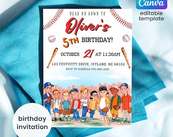 May include: Baseball-themed birthday invitation with a cartoon illustration of a group of boys in baseball uniforms. The invitation says "Head on down to Oliver's 5th Birthday!" with the date and time of the party. The invitation also includes the address and RSVP information.