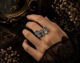 Handcrafted Oxidized Sterling Silver Moth Ring, Skull Detail, Dark Forest Witch Jewelry