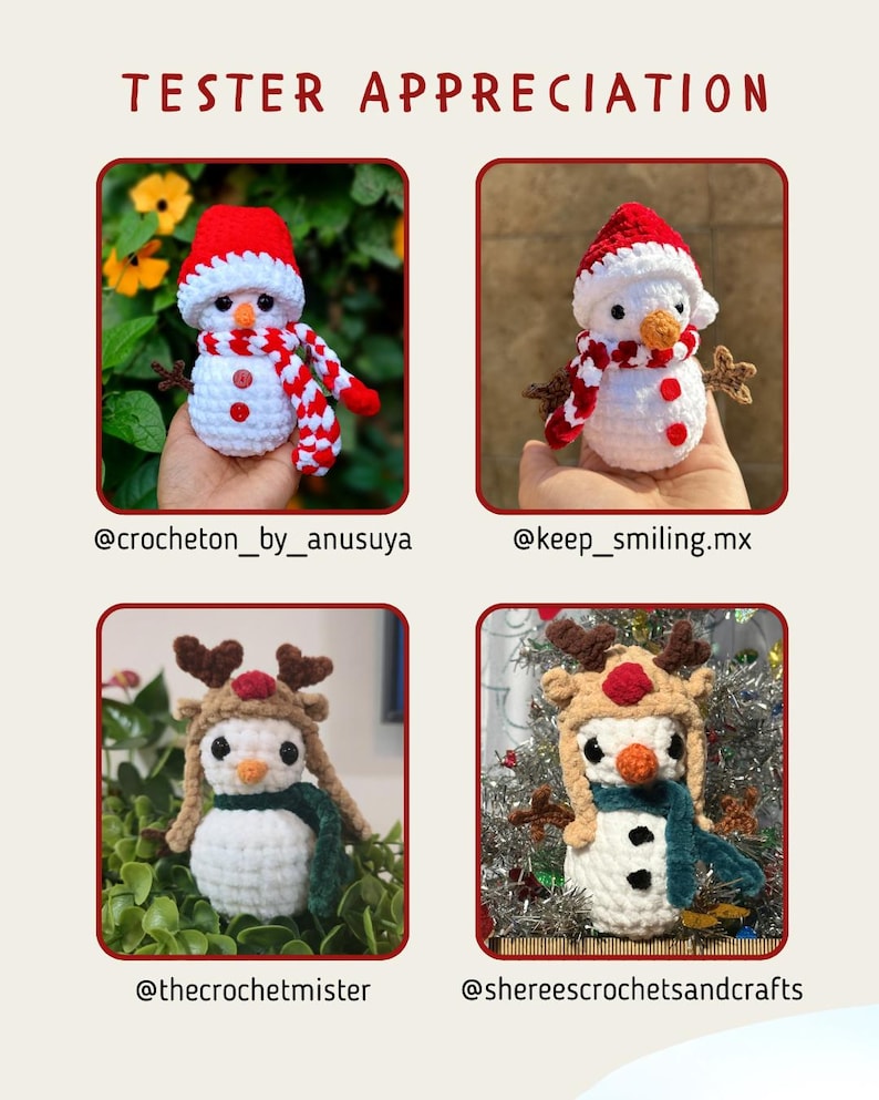 Amigurumi Snowman PDF Pattern, Mini Snowman with 4 Outfits, Christmas Crochet Tutorial, Xmas Winter Plush image 6