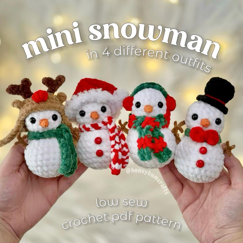 May include: Four mini crochet snowmen in different outfits are displayed. One snowman wears a reindeer hat and green scarf, another a Santa hat and red and white scarf, a third has earmuffs and a green scarf, and the last a top hat and bow tie.