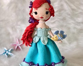Handmade Crochet Princess Doll, Amigurumi Doll with Red Hair, Blue Dress, Gift for kids