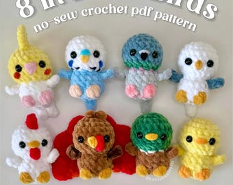 May include: Eight mini crochet birds in various colors, including yellow, blue, and white. The birds have black eyes and small wings. The text "8 in 1 Mini Birds" and "no-sew crochet pdf pattern" are displayed above the birds.