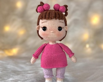 Amigurumi Doll in Pink Outfit: Handmade Crochet Doll, Soft Stuffed Toy, Gift for kids