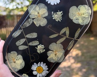 Black Tray Yellow Florals Tray | Trinket Tray | Witchy Ring Dish | Black Decorative Tray | Pressed Flower Jewelry Dish