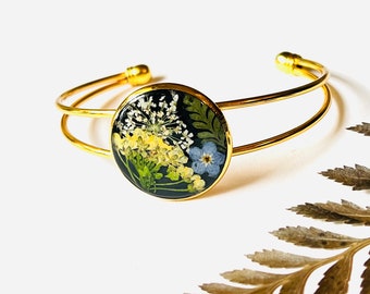 Floral Cuff Bracelet | Adjustable Gold Cuff | Flower Bracelet | Pressed Flower Jewelry | Nature Inspired | Gift for Mom | Yellow