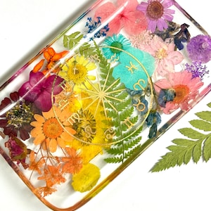 Floral Resin Holographic Zodiac Trinket Tray | Ring Dish | Decorative Rainbow Tray | Celestial Rainbow Home Decor | Jewelry Dish