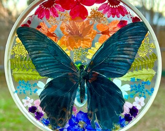Butterfly and Florals in Resin | Pressed Flower Home Decor | Butterfly Sun Catcher | Flower Wall Hanging | Rainbow Flowers