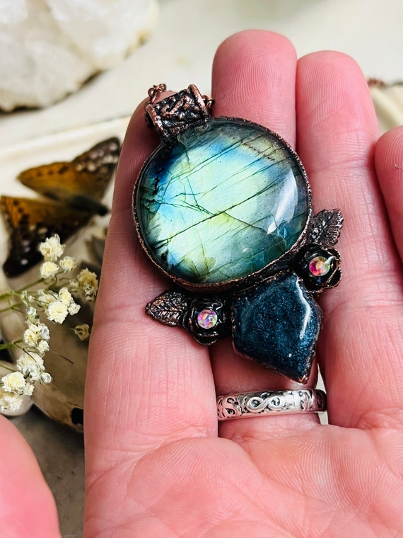 Labradorite Necklace Copper Electroform Gemstone Necklace Flashy