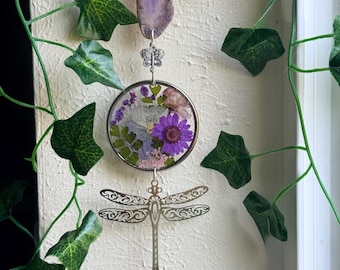 Purple Flower Dragonfly Sun Catcher Wall Hanging | Floral Decor | Crystal Sun catcher  | Botanical Wall Decor | Prism Crystal Hanging