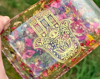 Floral Resin Trinket Tray | Ring Dish | Decorative Hamsa Flower Tray | Botanical Home Decor | Jewelry Dish | Soap Dish | Flower Home Decor