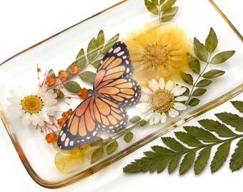 Floral Trinket Tray | Ring Dish | Decorative Flower Tray | Botanical Home Decor | Butterfly Jewelry Dish | Soap Dish |