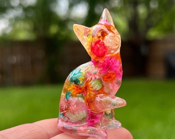 Resin Cat Figurine | Flower Cat | Nature Terrarium | Animal Decor Statue | Paper Weight | Kitten Decor | Multi Colored Cat | Rainbow Cat