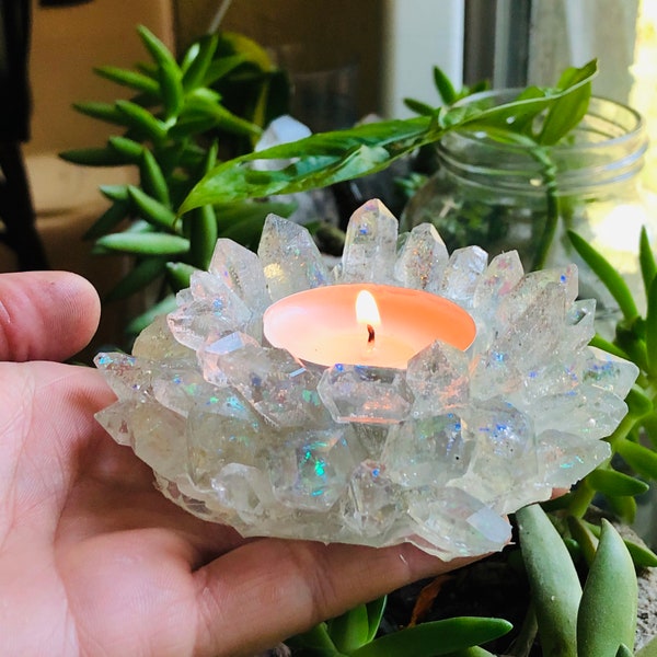 Opal Quartz Crystal Tea Light Holder | Resin Home Decor | Paper Weight | Candle Holder
