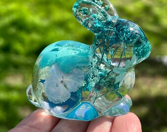 Resin Bunny Figurine | Moss in resin | Floral Decor | Nature Terrarium | Rabbit Decor Statue | Paper Weight | Botanical Decor | Blue