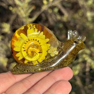 Resin Snail Figurine | Floral Decor | Nature Terrarium | Snail Decor Statue | Earthy Paper Weight | Botanical Decor | Yellow Flower