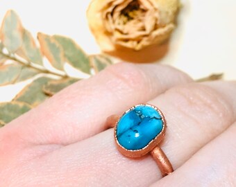 Big Turquoise Ring | Copper Ring | Blue Stone Statement Ring | Gemstone Ring | December Birthstone | Size 7