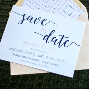 Calligraphy, Coral and Navy Save the Dates, Geometric Invitations - "Whimsical Calligraphy" Save the Dates Card with Envelope - DEPOSIT