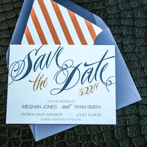 Modern Save the Dates, Striped Wedding, Navy Blue and Orange Save the Dates - "Sweeping Script" Save the Date Card with Envelope - DEPOSIT