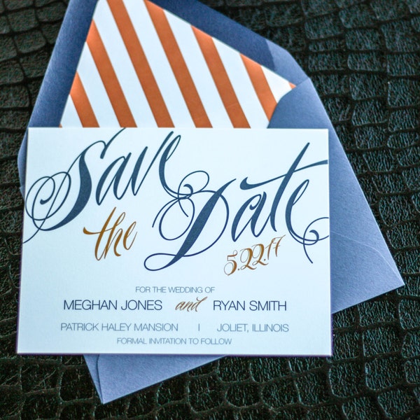 Modern Save the Dates, Striped Wedding, Navy Blue and Orange Save the Dates - "Sweeping Script" Save the Date Card with Envelope - DEPOSIT