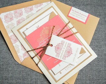 Rustic Coral Wedding Invitations, Country Wedding Invitation, Boho Chic Invitation with Twine - "European Scroll" FP-2L-v1 SAMPLE