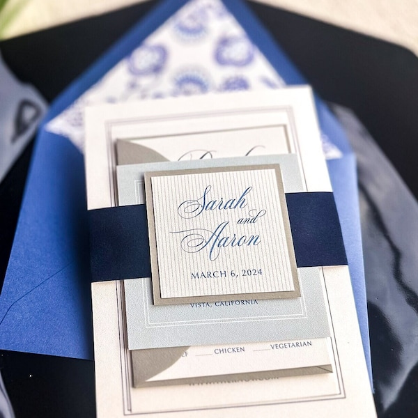 Classic Royal Blue and White Wedding Invitations with Navy Velvet Band and Asian Chinoiserie Floral Pattern - Timeless Romantic FP-NL SAMPLE