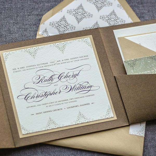 Bronze Wedding Invitations, Steampunk Wedding Invitation, Elegant Wedding, Gold Pocket Invitations - "Delicate Filigree" PF-1L-v2 SAMPLE