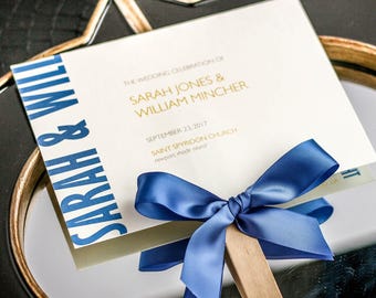 Modern Fan Programs, Blue and Yellow Wedding Program with Ribbon, Cornflower Blue, Order of Service - "Modern Mitzvah" Fan Program - DEPOSIT