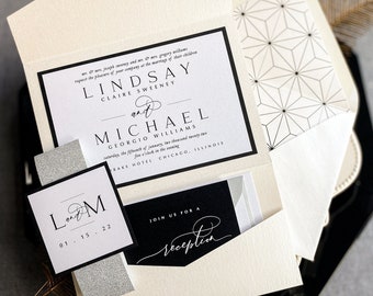 Modern Calligraphy Custom Wedding Invitation, Black and White Pocketfold Invite Printed, Pocket Invitations - Timeless Elegance PF-1L SAMPLE